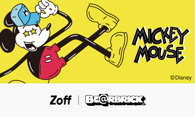 ミッキーマウスモチーフのオリジナルフィギュアがセットになったサングラス、「Zoff｜MICKEY MOUSE BE@RBRICK」